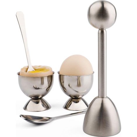 Ensemble séparateur d'œufs à la coque, en acier inoxydable, comprenant 2 coquetiers, 2 cuillères et 1 couteau à gâteau.
