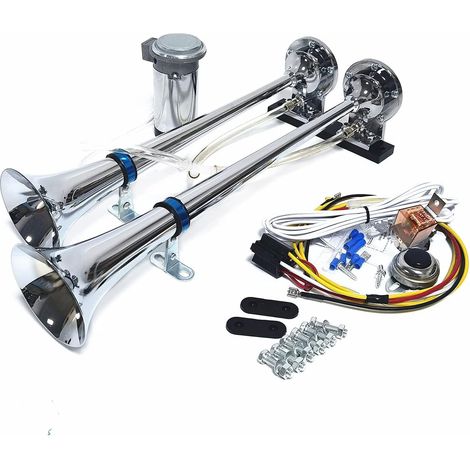 Klaxon de voiture 12V ton aigu bas, double tube, 165 dB, trompette en zinc chromé, pour camion, moto, van, bateau, train, etc. (1/5)