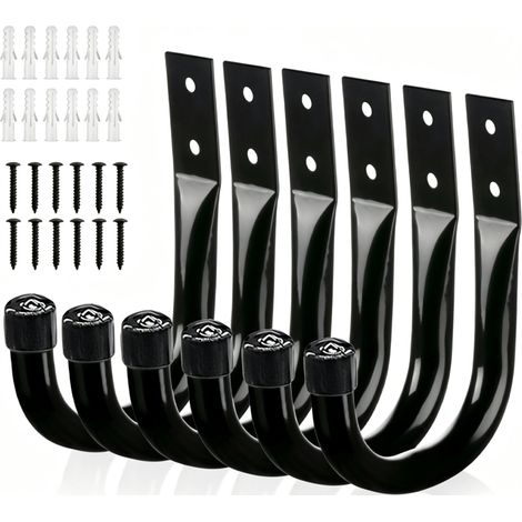 Lot de 6 Crochets de Rangement pour Echelle de Garage, Crochet Mural Garage, Support Velo Mural Noirs,Crochets en J pour Outils de Jardin, Vélo (1/5)
