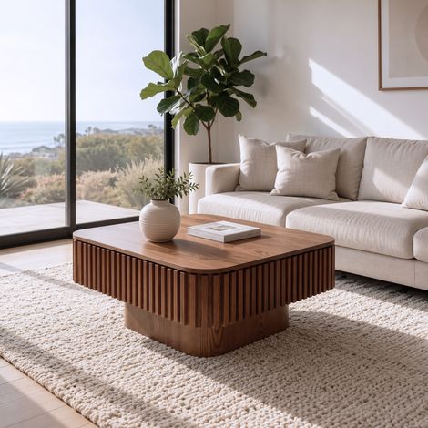 Couchtisch mit Stauraum, Flippdeckel, gerillter Struktur, für Wohnzimmer, Massivholzfurnier und MDF, Walnuss (1/5)