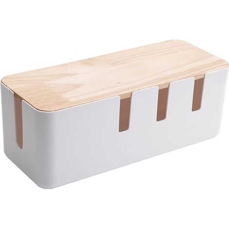 1 Boîte de rangement câbles, couvercle bambou, ABS blanc, ventilation latérale, pour maison bureau (1/5)