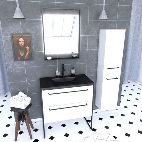 Mobile Bagno 80 cm, Lavabo Nero, Specchio LED e Colonna – Bianco – STRUCTURA