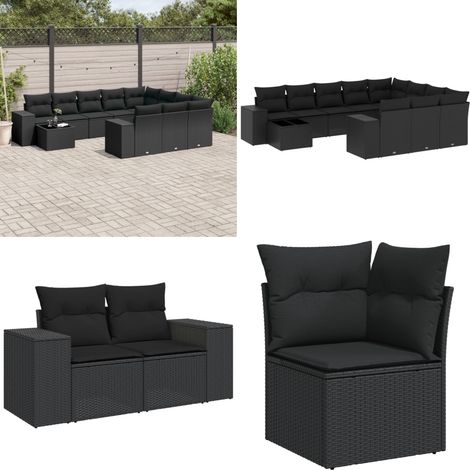 11-tlg. Garten-Sofagarnitur mit Kissen Schwarz Poly Rattan - Gartenmöbel Set - Outdoor Möbel - Rattan Gartenset - Esstisch Set - Lounge Set - Home & Living (1/5)
