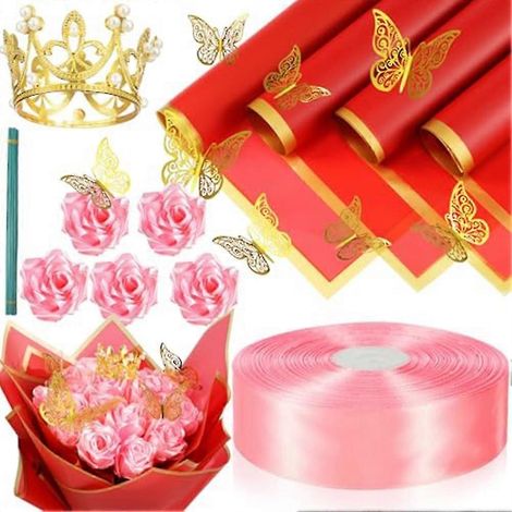 74 Bouquets de roses artificielles à faire soi-même avec ruban décoratif, ruban satiné de 2,5 à 30 cm avec bordure dorée, papier cadeau rose et rouge (1/5)