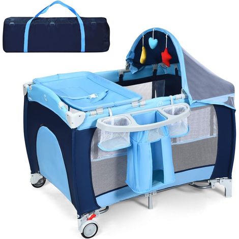 COSTWAY Cuna Plegable 4 en 1 para Niños, con Ruedas, Bolsillos, Puerta Lateral con Cremallera, Juguetes Colgando, Centro Actividad Portátil Infantil con Bolsa de Transporte (1/5)