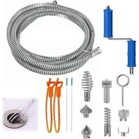 Rohrreinigungsspirale – 5 m – Mit manuellen Adaptern und 6 Messerköpfen – Für Küchenspülen und Badezimmerrohre