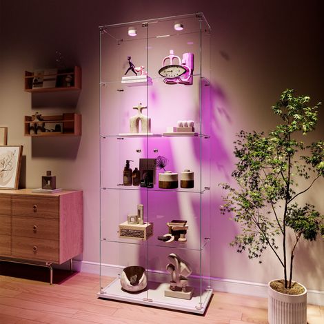 Vitrines en verre, Vitrine Armoire, 5 étagères et 2 portes, LED réglable,Verre Trempé, 78.5x34.5x186.5cm, pour Salon, Chambre, Blanc