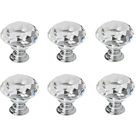 6 poignées en cristal, poignées de porte de tiroir en cristal diamant de 30 mm, poignées de porte vitrées de cuisine, armoires de rangement et coiffeuses pour cuisines et bureaux