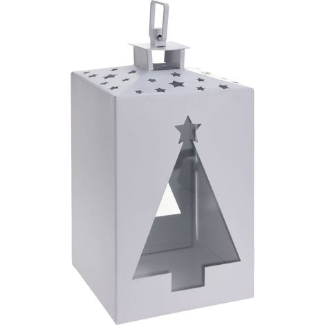 Laterne aus Metall mit Buntglas und Tannenbaum, 24 cm
