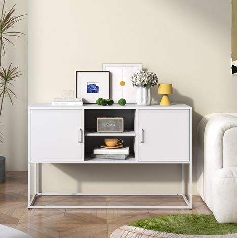 Metall-Sideboard 120x40x75 cm Weiß aus Stahl mit 6 Fächern, pulverbeschichtet, mit Anti-Kipp-Schutz und verstellbaren Füßen (1/5)