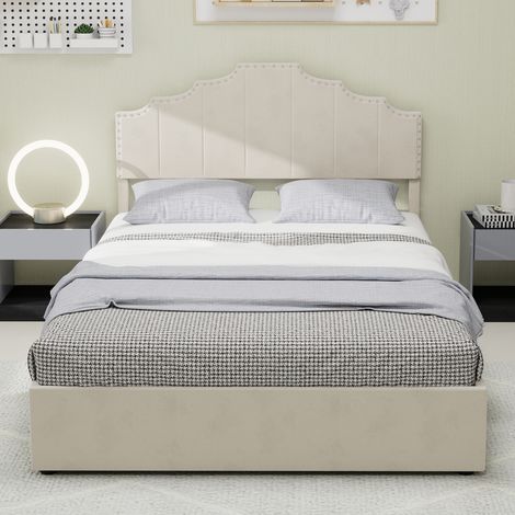 Lit moderne minimaliste et moelleux, tête de lit confortable et douce, 160200CM, beige, meuble de chambre multifonctionnel, cadre de lit coffre haut avec vérin hydraulique, matelas non inclus. (1/5)