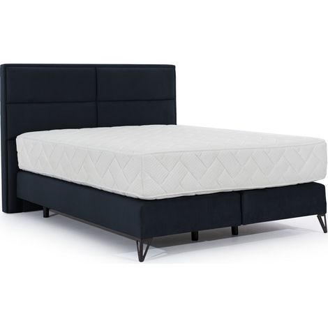 Lit continental velours bleu marine Tiempo avec matelas 30cm en latex et pied métal noir-180x200 (1/5)