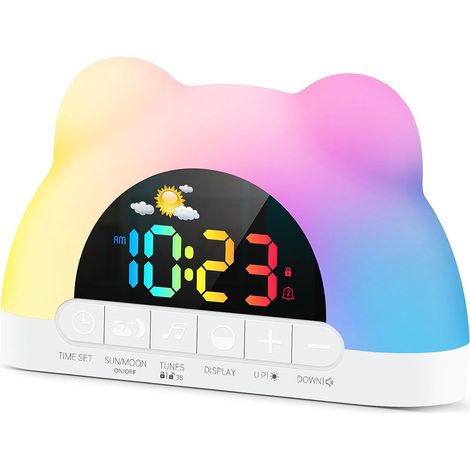 Réveil Enfant, Reveil Numérique Enfant Educatif Jour Nuit pour Enfants avec Soleil et Lune, 11 Veilleuses de Couleur RGB, Réveil Numérique pour Enfants et Tout-Petits, Snooze, Câble USB (1/5)