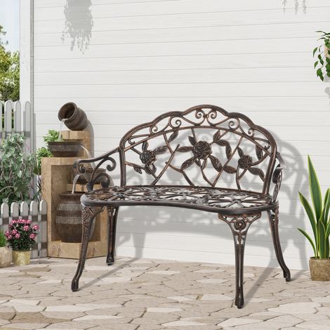 Banc jardin biplace en métal Établi style rétro Banc parc motif floral Bronze - Dimensions: 100x54x78 cm