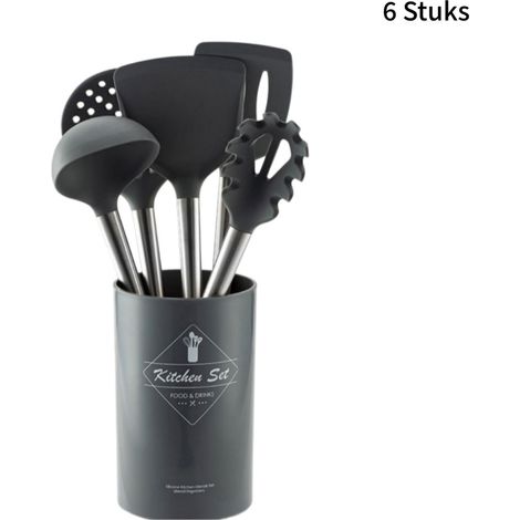 Ensemble de 6 ustensiles de cuisine en silicone et bois - Anti-rayures pour revêtements antiadhésifs - Idéal pour la cuisson et la pâtisserie - Résistant à la chaleur - Manche antidérapant - Noir (1/5)