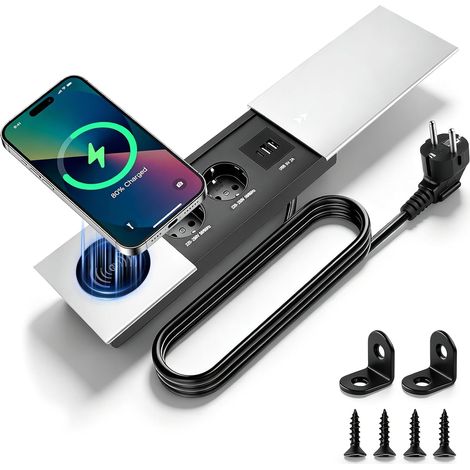 Prise Encastrable avec 20W USB-C et Charge sans Fil, Prise de Table(Argent) (1/5)