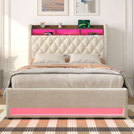 Lit coffre 140x190 cm en velours beige avec LED, USB, étagère et sommier relevable DESVIAE (1/5)