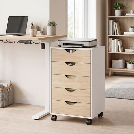 Meuble à tiroirs de bureau à roulettes avec 5 tiroirs, meuble de rangement mobile, pour bureau ou salon, 40 x 40 x 67 cm, blanc et naturel (1/5)