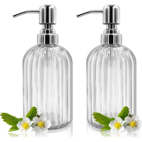 Distributeur Savon - Verre Sans Plomb 414 Ml - Pompe Acier Inoxydable 304 - Pour Salle De Bain Cuisine Comptoir - Lot De 2 (1/5)