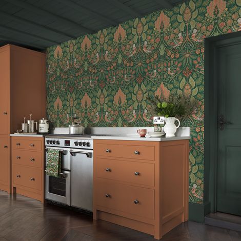Papier peint intissé William Morris Dove & Rose Woodland 1005 x 52cm Vert, orange, ocre