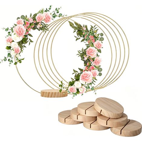 6 cercles métal dorés Ø25 cm avec socle bois, pour couronnes bricolées et déco mariage (1/5)