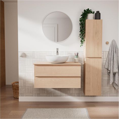 Conjunto mueble simple lavabo 80 cm + lavabo + grifo + espejo + columna SORRENTO