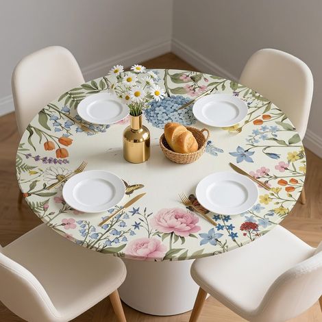 Nappe Ronde 132 cm avec Bord Élastique, Impermeable Anti Tache Nappe de Jardin avec Motif Fleurs et Papillons, Polyester Nappes de Table pour Cuisine - Lavable - pour Le Tableau 114-132 cm (1/5)