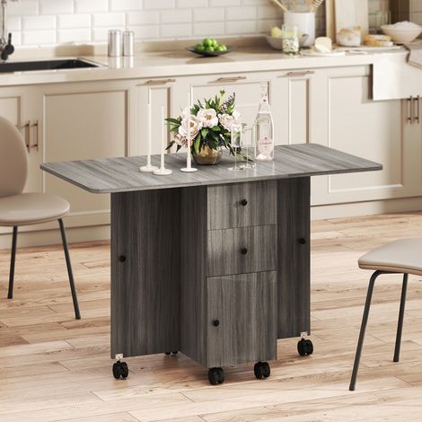 Table pliant à 6 roues avec 2 tiroirs et placard à portes, en bois, 120x60x76.5 cm, gris (1/5)
