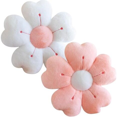 QORVA-Lot de 2 oreillers mignons à motif de marguerites - 35 cm - Coussins de sol esthétiques - Décoration d'intérieur et de chambre à coucher (blanc + rose)