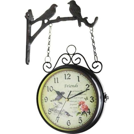 FENOPLASTICAHorloge Murale Double Face Style Rural Européen Antique en Fer - Silencieuse, Design Noir - Pour Jardin, Couloir ou Extérieur - Ambiance Vintage