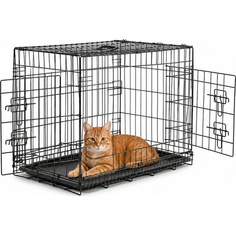 lionto Transportkäfig für Katzen aus Metall, stabil & klappbar mit Trennwand & Kunststoffbodenwanne, 92x58x64 cm