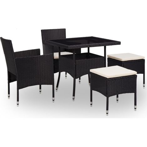 5-tlg. Garten-Essgruppe Schwarz Poly Rattan und Glas