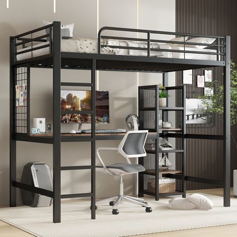Lit mezzanine 90×200cm fer+MDF noir/bois foncé,table+placard,grille métallique,rampes et échelle sécurisées