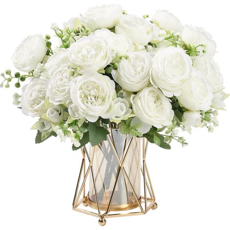 2 Bouquets Fleurs artificielles en Soie Pivoine Artificielle Fausse Fleur pour Mariage Parti Accueil Cuisine Décor, Blanc (1/5)