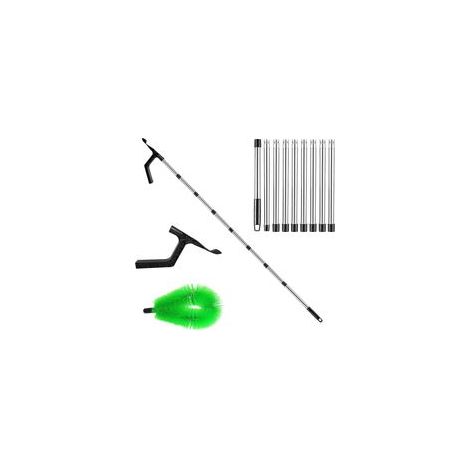Outil de nettoyage de gouttière, brosse télescopique de nettoyage de tuyaux avec brosse à double poils, pelle pour feuilles, mousse et toiles d'araignée (9 tiges extensibles + brosse + pelle)