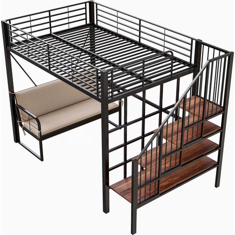 Etagenbett 140 x 200 cm aus schwarzem Metall mit abnehmbarem Sofa und Stauraumtreppe (1/5)