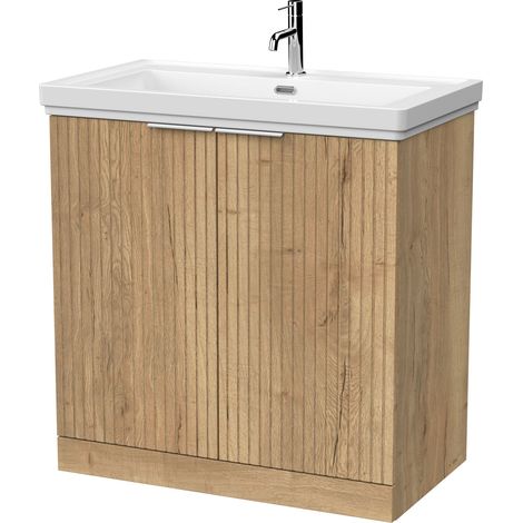 Callingwood Contemporary Floor Standing 2 Door Vanity Unit with Traditional 1 Tap Hole Fireclay Basin , 800mm, Autumn Oak (1/4)