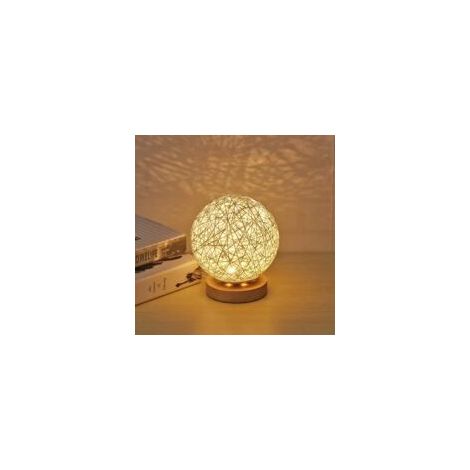 Tischleuchte aus Holz, USB-Tischleuchte mit handgefertigtem kugelförmigem Rattanschirm, Mondlampe aus Holz für den Nachttisch (Weiß) - Crezuo