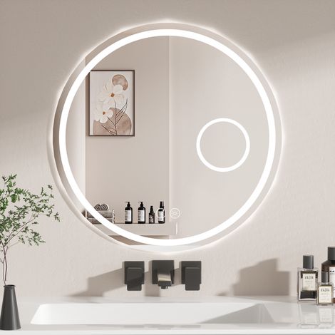 AquaWise Miroir Salle de Bain LED Ø70cm avec Miroir Grossissant Anti-buée Éclairage 3 Couleurs Dimmable Cadre Aluminium