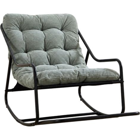 Fauteuil à bascule d'extérieur avec coussin épais vert clair sur structure noire en acier (1/5)