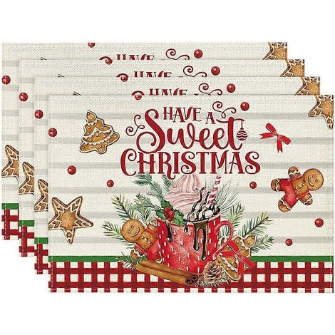 Lot de 4 sets de table de Noël roses enneigés, motif sapins de Noël, pour la décoration de la cuisine et de la salle à manger (K). (1/5)