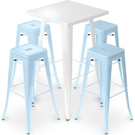 Pack White Stool Table and Pack of 4 Bar Stools - Industrial Design - Metal - New Edition - Bistrot Stylix Light blue (1/5)