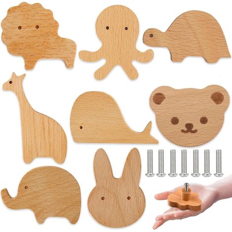 8 poignées tiroir bois motifs animaux, décoratifs avec vis, pour armoire, commode (1/4)