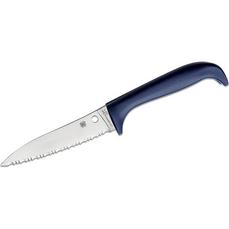 Spyderco STE-K20SPR Coltello da cucina Counter Puppy lama viola Drop point lama seghettata SpyderEdge finitura satinata, acciaio 7Cr17 lungo 8,8 cm con manico in plastica viola