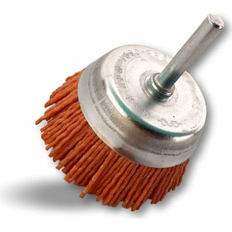 [JAMAIS UTILISÉ]Brosse rotative métallique coupe Ø 75 mm Sur tige Ø 6 mm Fil nylon abrasif grain 80 Pour perceuse ou visseuse à mandrin