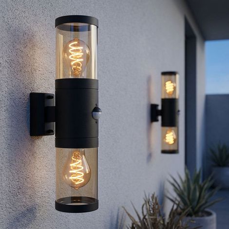 Lampada da esterno, lampada da parete con rilevatore di movimento, luce da giardino, luce da facciata, faretto su e giù, acciaio inossidabile, fumo nero, 2x E27, PxH 10,2x42 cm, set da 2 (1/5)