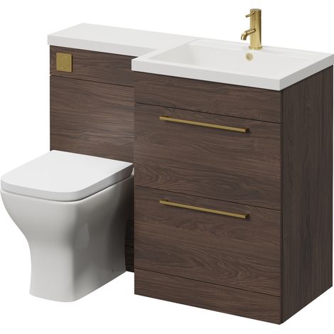 Napoli 460 Brown Oak 1100mm 2 Drawer Vanity Unit Toilet Suite with Right Hand Square Lucia Basin - 1100mm - Brushed Brass 320mm HandleWith Kingston Toilet Pan and Seat