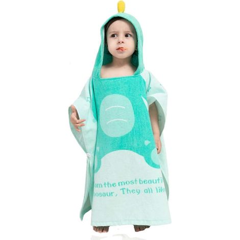 Poncho de plage à capuche en coton pour enfants, idéal pour la piscine, le bain et la natation. Motif dinosaure, cape de plage (bleu, S (hauteur : 33,5"-40")). (1/4)