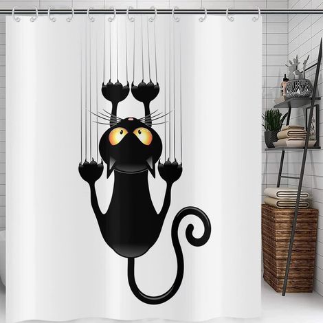 Cortina de ducha con estampado de gato negro, cortina de ducha con estampado de gatito, fondo blanco, cortina de ducha para baño de 150 x 180 cm. (1/4)
