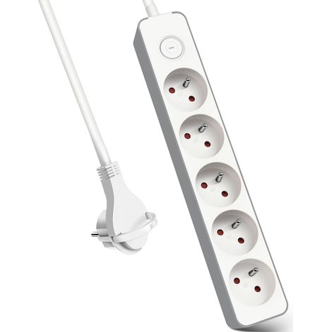 Multiprises 5 Prise avec Interrupteur Fiche Plate, Bloc 5 Prises, Rallonge 1.5m 230 V avec sécurité Enfant, Blanc